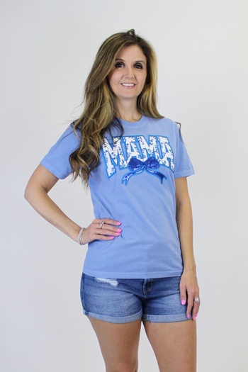 Festivitees Floral Chenille Patched MAMA with Sequin Bow T-Shirt in Blue