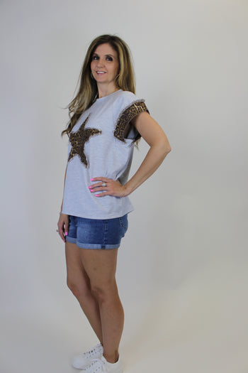 BiBi French Terry Top with Leopard Print Star Patch Front in Leopard