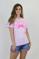Festivitees Floral Chenille Patched MAMA with Sequin Bow T-Shirt in Pink