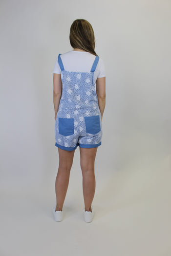 White Birch Floral Lace Overall Shorts in Denim
