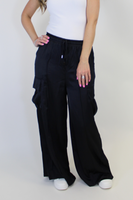 Easel Lightweight Washed Satin Cargo Pants in Black