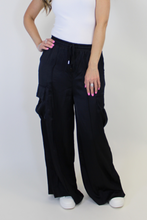 Load image into Gallery viewer, Easel Lightweight Washed Satin Cargo Pants in Black
