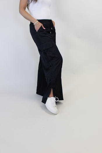 Easel Lightweight Washed Satin Cargo Pants in Black