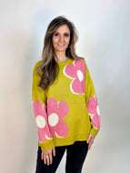 Easel Knit Sweater with Large Flower Print in Lime Green
