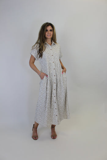 Wishlist Floral Print Corduroy Midi Dress in Ecru/Mocha