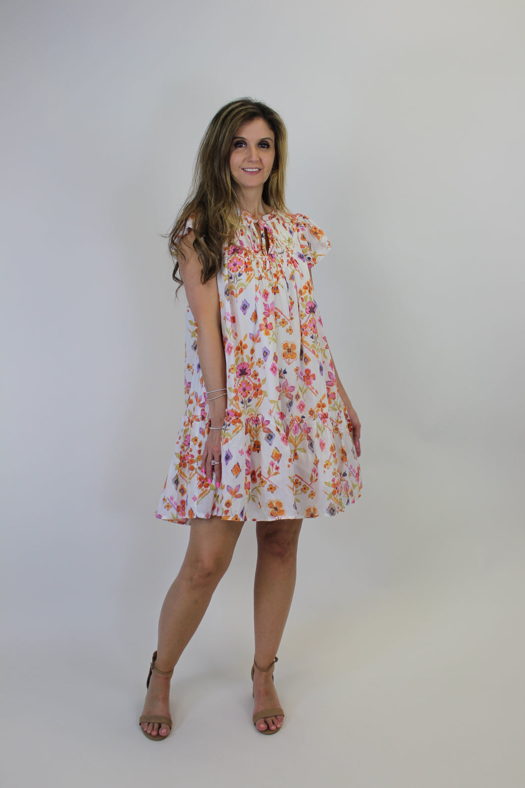 FATE Floral Print Mini Dress in Cream Multi