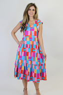 Haptics Abstract Print Fit and Flare Midi Dress in Scarlet/Blue
