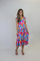 Haptics Abstract Print Fit and Flare Midi Dress in Scarlet/Blue