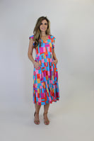 Haptics Abstract Print Fit and Flare Midi Dress in Scarlet/Blue