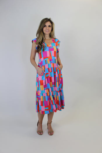 Haptics Abstract Print Fit and Flare Midi Dress in Scarlet/Blue