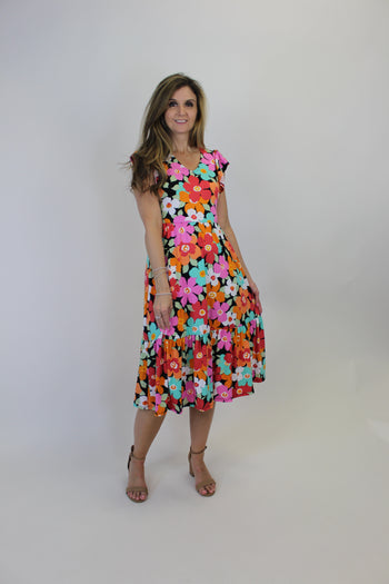 Haptics Floral Print Fit and Flare Midi Dress in Coral/Mint