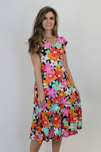 Haptics Floral Print Fit and Flare Midi Dress in Coral/Mint