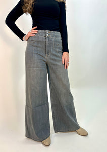 Easel High Rise Denim Double Button Wide Leg Pants in Black Denim