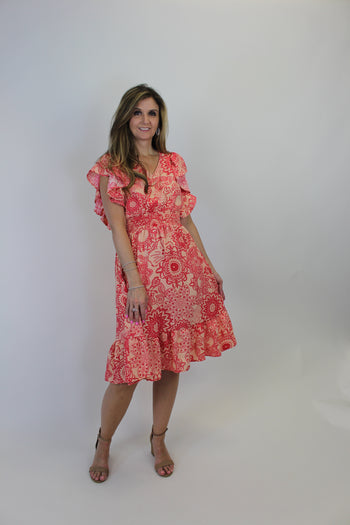 Haptics Mixed Print Fit and Flare Midi Dress in Peach/Coral