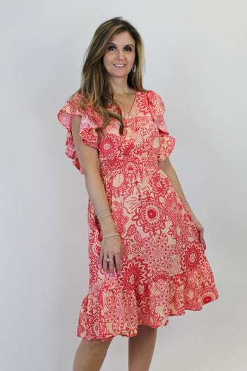 Haptics Mixed Print Fit and Flare Midi Dress in Peach/Coral