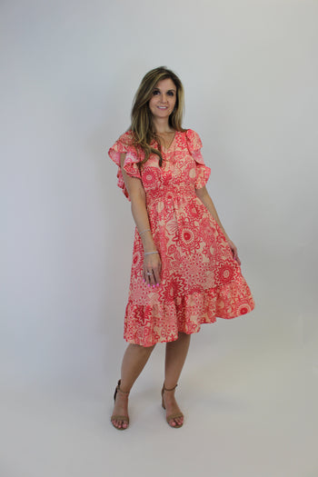 Haptics Mixed Print Fit and Flare Midi Dress in Peach/Coral