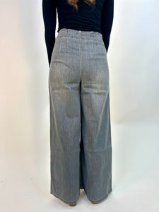 Easel High Rise Denim Double Button Wide Leg Pants in Black Denim