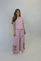 Easel Flower Patched Terry Knit Pants in Dusty Rose