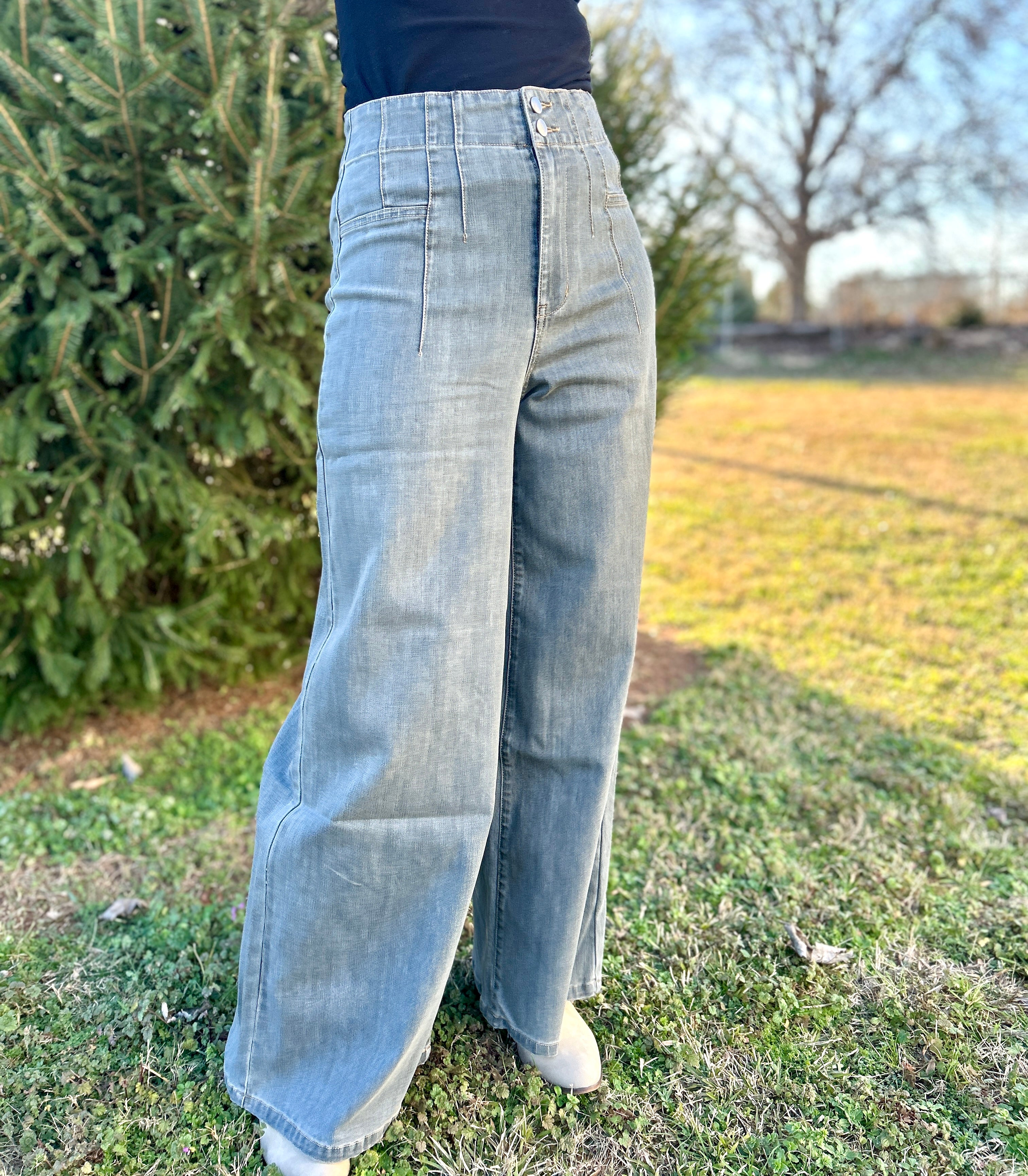 パンツ highwaist vintagelike straight denim Easel High Rise Denim Double Button Wide Leg Pants in Black Denim