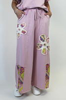 Easel Flower Patched Terry Knit Pants in Dusty Rose