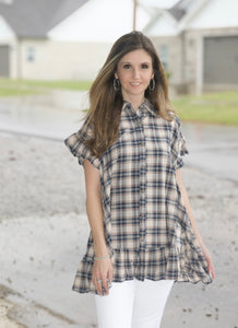 Easel Plaid Button Down Tunic Top in Blackberry Shirts & Tops Easel   