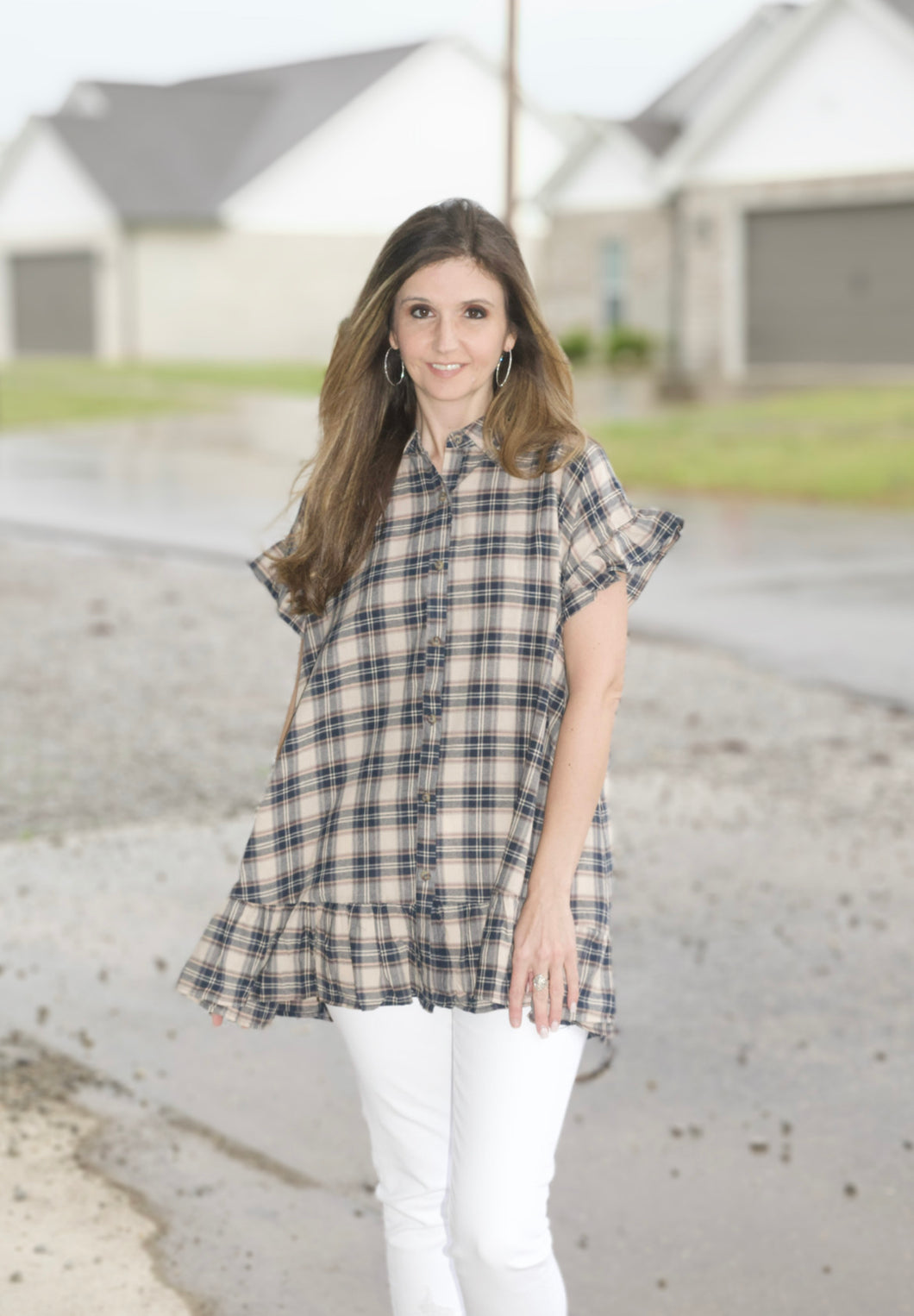 Easel Plaid Button Down Tunic Top in Blackberry Shirts & Tops Easel   