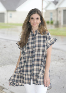 Easel Plaid Button Down Tunic Top in Blackberry Shirts & Tops Easel   