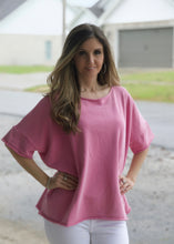 Load image into Gallery viewer, Easel Solid Color Terry Knit Top with Raw Cut Details in Malibu Pink Shirts &amp; Tops Easel   
