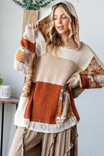 Oli & Hali Patchwork Fabric Hooded Top in Taupe Combo