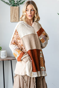 Oli & Hali Patchwork Fabric Hooded Top in Taupe Combo ON ORDER