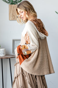 Oli & Hali Patchwork Fabric Hooded Top in Taupe Combo ON ORDER