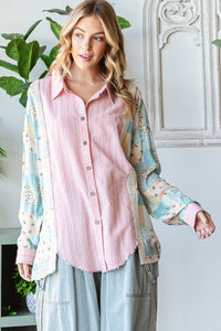 Oli & Hali Mixed Fabric Button Down Top in Pink Shirts & Tops Oli & Hali   