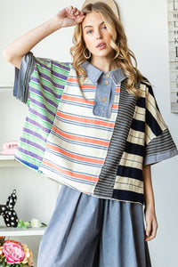 Oli & Hali Mixed Striped Print Top in Blue Shirts & Tops Oli & Hali   