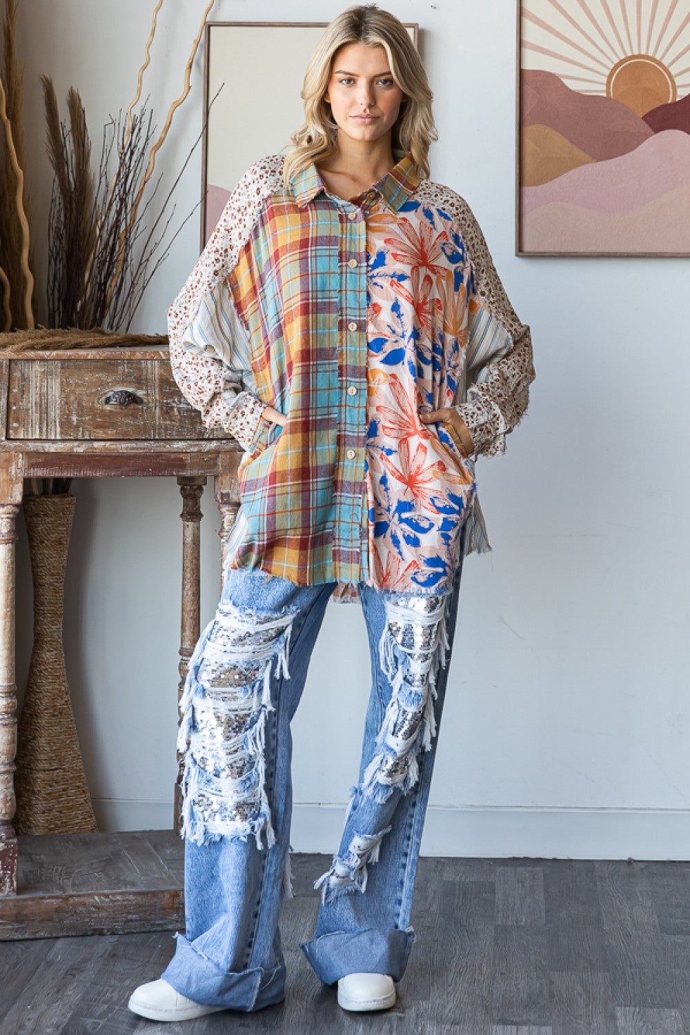 Oli & Hali Mixed Print Button Down Top in Blue Combo – June Adel