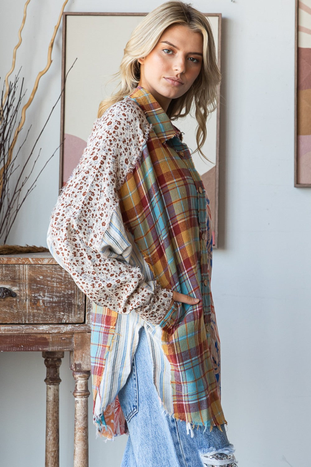 Oli & Hali Mixed Print Button Down Top in Blue Combo – June Adel