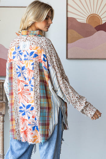 Oli & Hali Mixed Print Button Down Top in Blue Combo