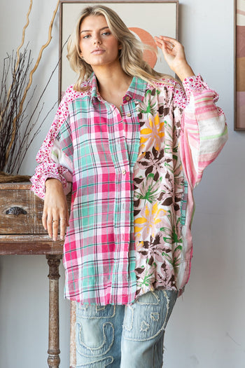 Oli & Hali Mixed Print Button Down Top in Pink Combo