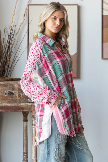 Oli & Hali Mixed Print Button Down Top in Pink Combo