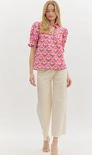 Entro Floral Scalloped Motif Print Top in Pink