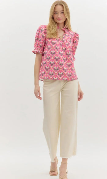 Entro Floral Scalloped Motif Print Top in Pink