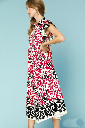 Umgee Bold Abstract Print Midi Dress in Cherry Red