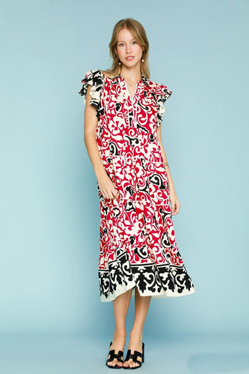 Umgee Bold Abstract Print Midi Dress in Cherry Red