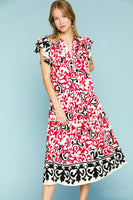 Umgee Bold Abstract Print Midi Dress in Cherry Red