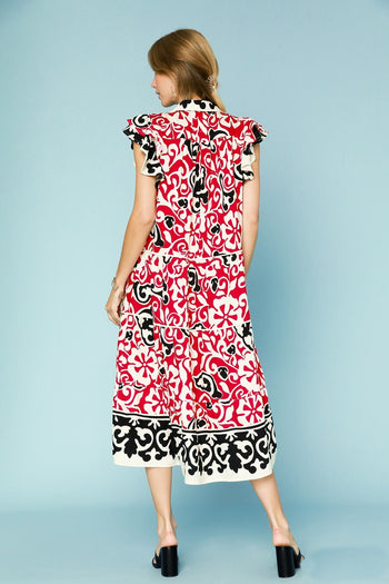 Umgee Bold Abstract Print Midi Dress in Cherry Red