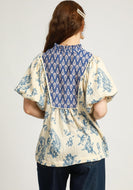 Umgee Mixed Boho Print Top in Blue Mix