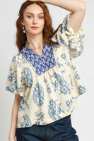 Umgee Mixed Boho Print Top in Blue Mix