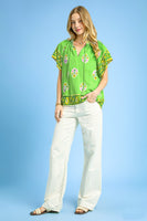 Umgee Boho Bloom Top with Contrasting Print Border in Green