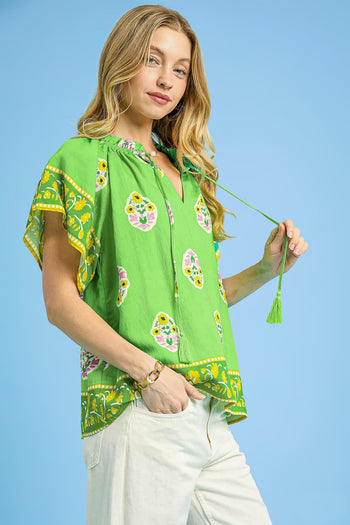 Umgee Boho Bloom Top with Contrasting Print Border in Green