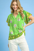 Umgee Boho Bloom Top with Contrasting Print Border in Green