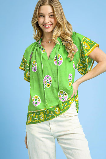 Umgee Boho Bloom Top with Contrasting Print Border in Green
